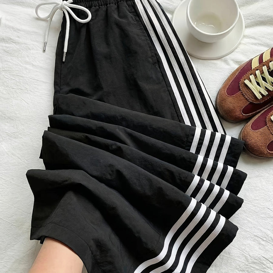 Damen Weitbeinige Sporthose mit Streifen und Kordelzug – Lässige Freizeithose für Alltag & Fitness