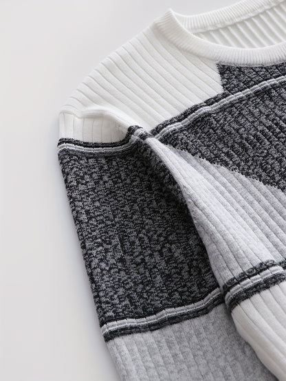 Herren Rippstrick Pullover Rundhals Langarm Modernes Design Weiß Schwarz