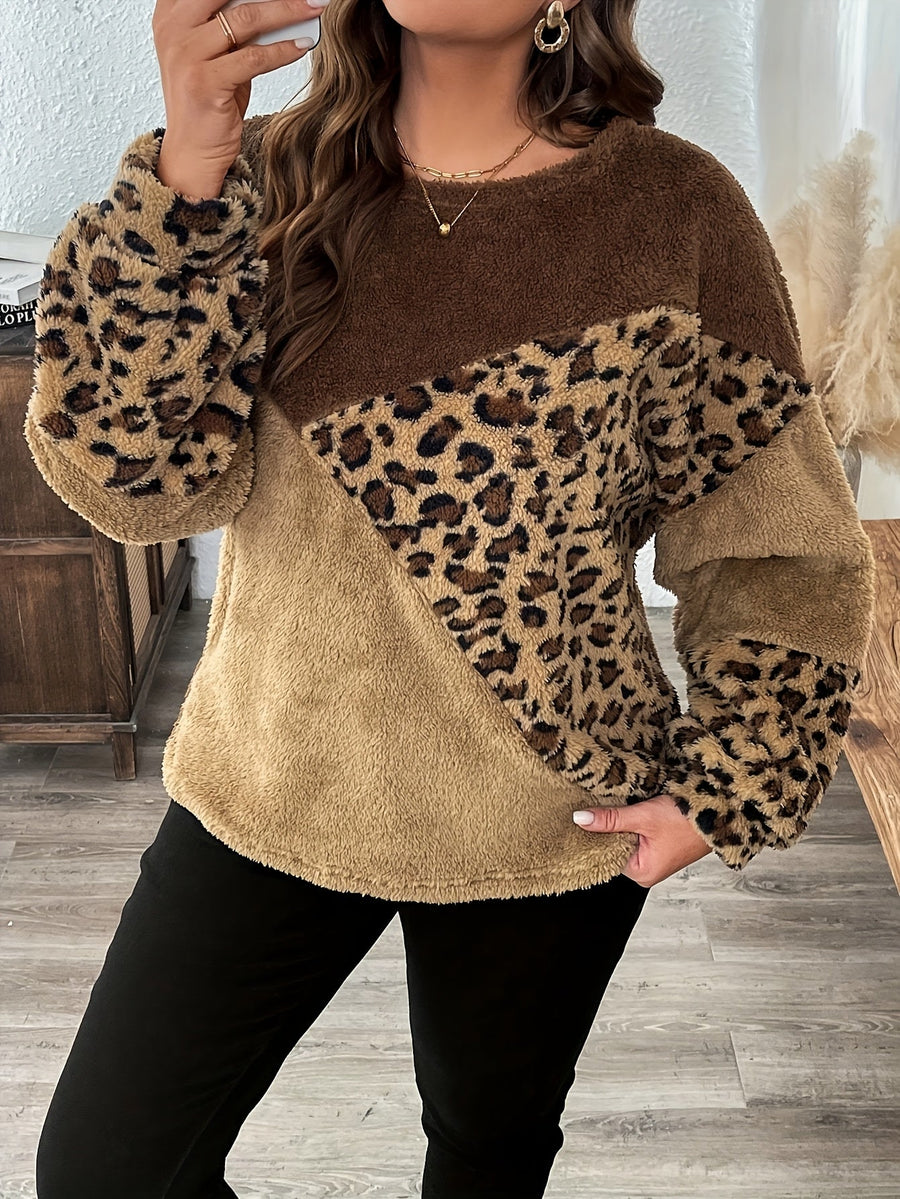 Damen Flauschpullover Leopardenmuster Patchwork Rundhalsausschnitt