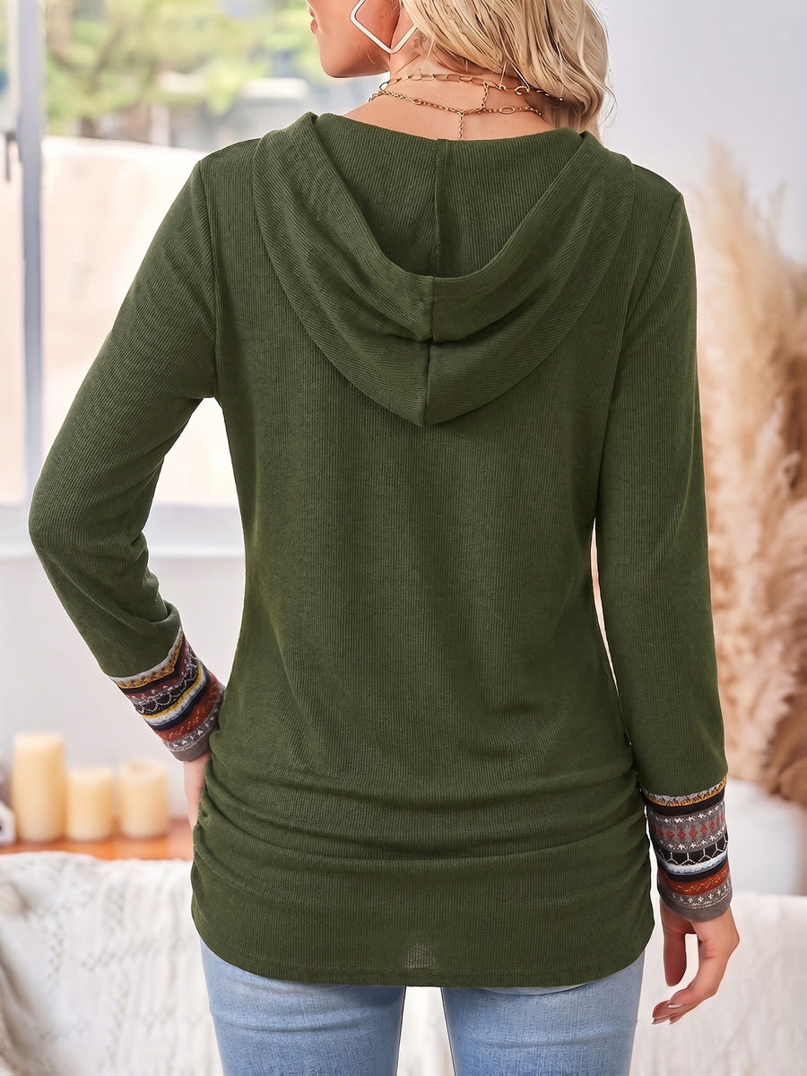 Damen Langarmshirt mit Wickelkragen und Zierknöpfen, Schwarz