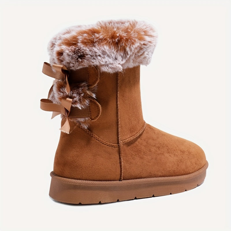 Damen Winterstiefel Wildleder-Optik mit Kunstfellrand und Schleifenverzierung Braun
