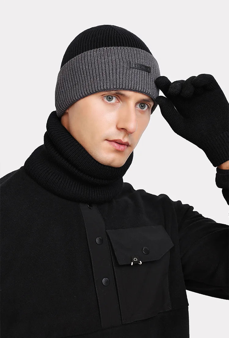 Unisex Strickmütze & Halswärmer Set, Gerippt, Dunkelgrau-Schwarz
