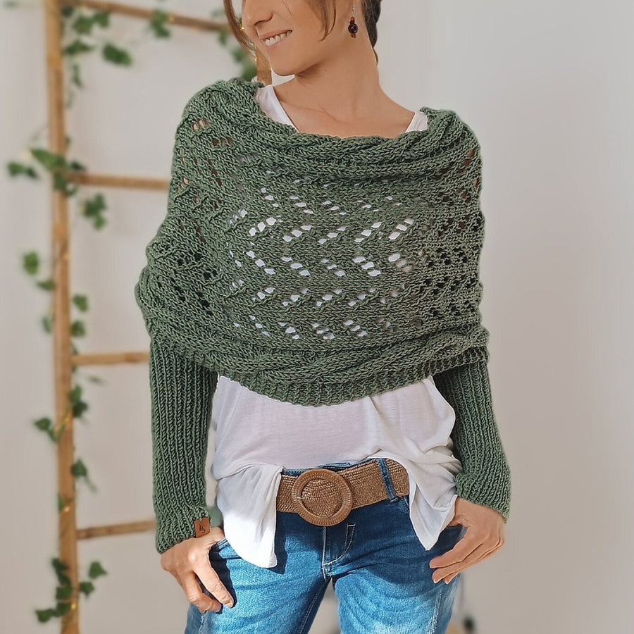 Gestrickter Bolero mit Ärmeln, Wickel-Design und Lochmuster in verschiedenen Farben