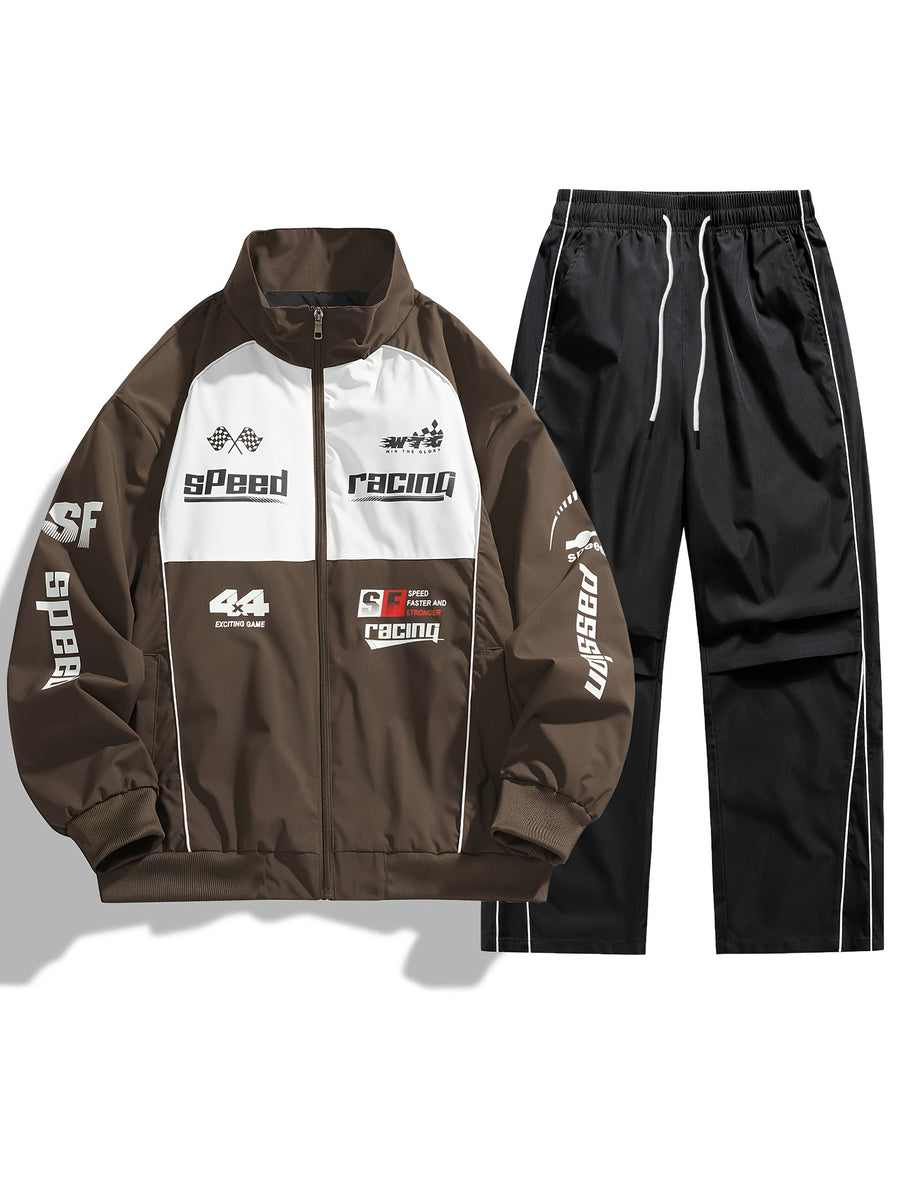 Unisex Racing Trainingsanzug mit Reißverschluss Jacke & Hose - Sportlicher Jogginganzug mit Aufdruck