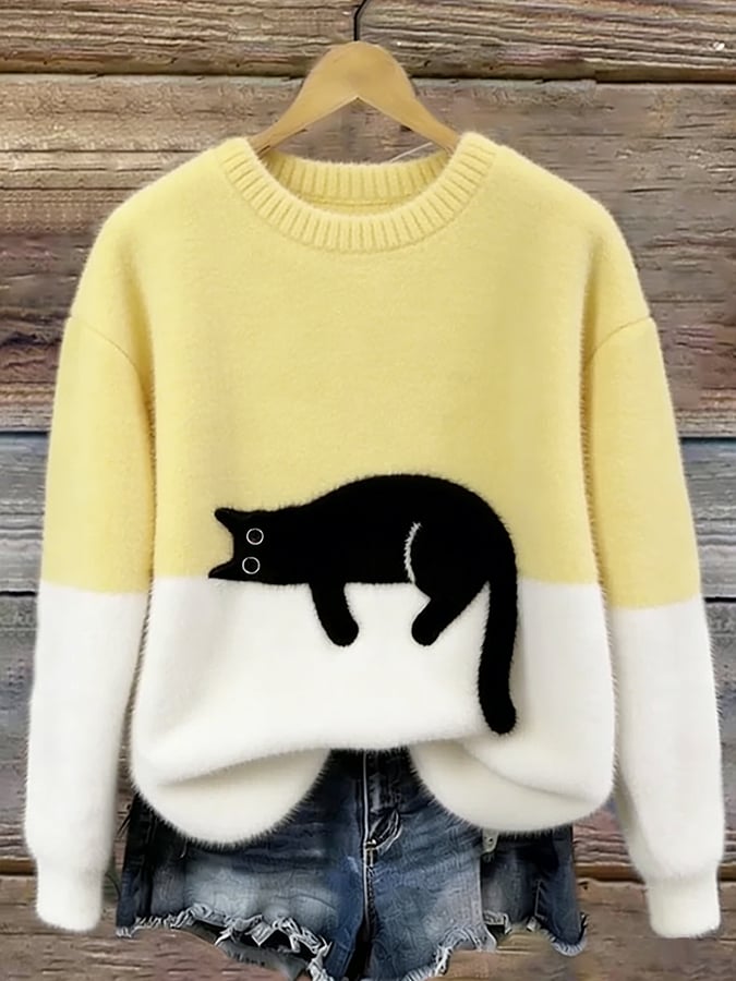 Weicher Damen Pullover mit Katze Rundhals Langarm Strickpullover Mehrfarbig