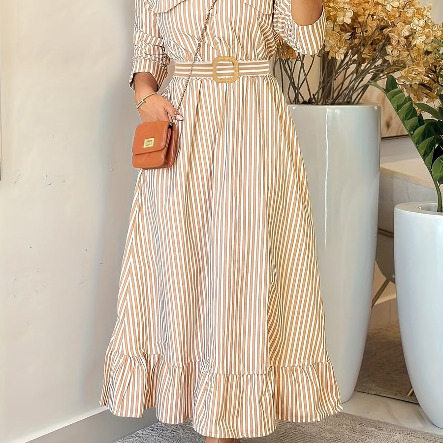 Damen Maxikleid Gestreift Creme Braun Hemdblusenstil Langarm mit Gürtel