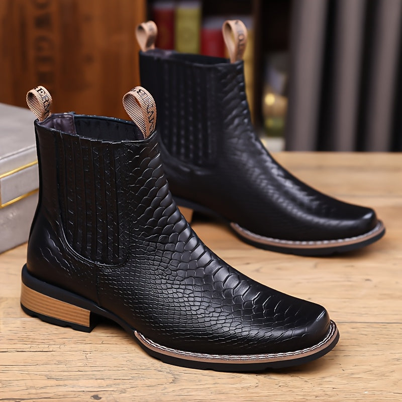 Herren Chelsea Boots mit Kroko-Muster, quadratischer Zehenkappe, Schwarz