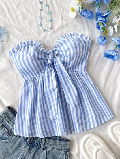 Damen Bandeau-Top mit Schleifen-Detail und Streifen – Stylisches, schulterfreies Oberteil für Freizeit und Ausgehen