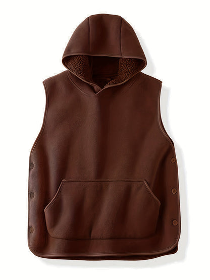 Unisex Kapuzenweste Fleece-Optik mit Kängurutasche und seitlichen Knöpfen
