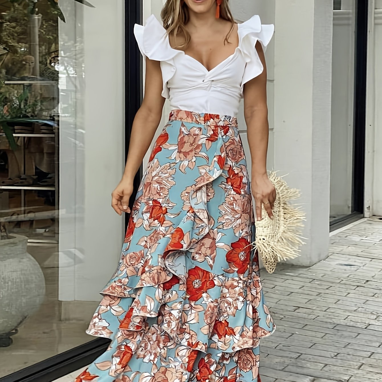 Damen Maxirock mit floralem Muster und Volants – Eleganter Wickelrock für festliche Anlässe und Freizeit
