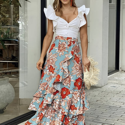 Damen Maxirock mit floralem Muster und Volants – Eleganter Wickelrock für festliche Anlässe und Freizeit