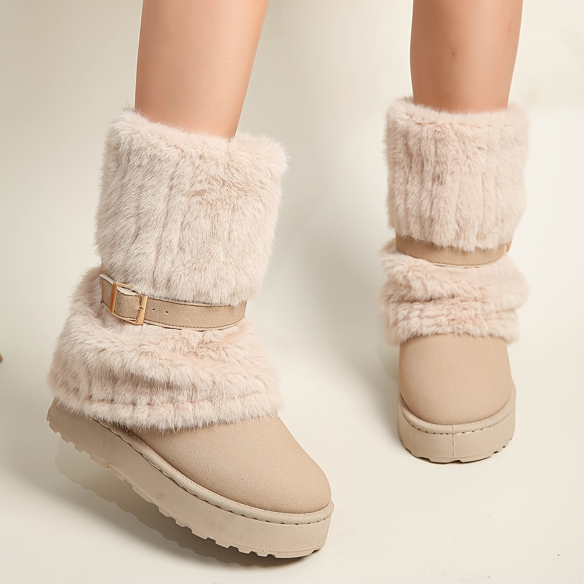 Damen Winterstiefel mit Kunstfell und Schnalle, gefüttert, in Beige, Braun und Schwarz