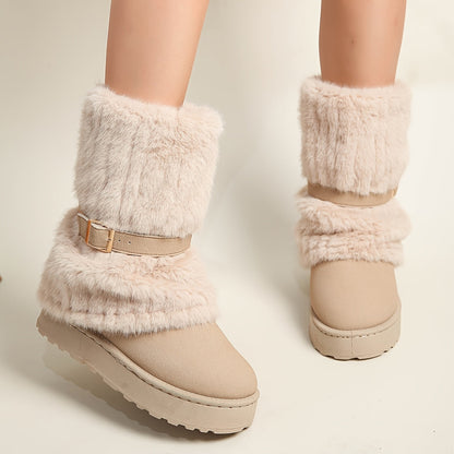 Damen Winterstiefel mit Kunstfell und Schnalle, gefüttert, in Beige, Braun und Schwarz