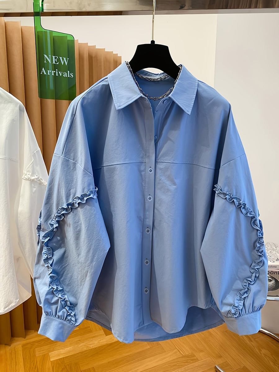 Damen Bluse Langarm Hellblau mit Rüschendetails an den Ärmeln