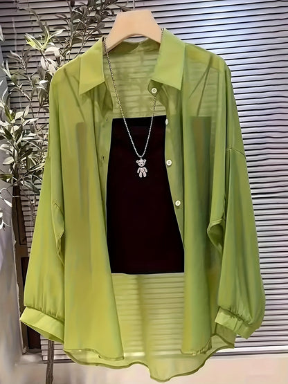 Damen Elegantes Zweiteiler-Set mit Transparenter Bluse und Bandeau Top – Modisches Layering für Alltag und Ausgehen