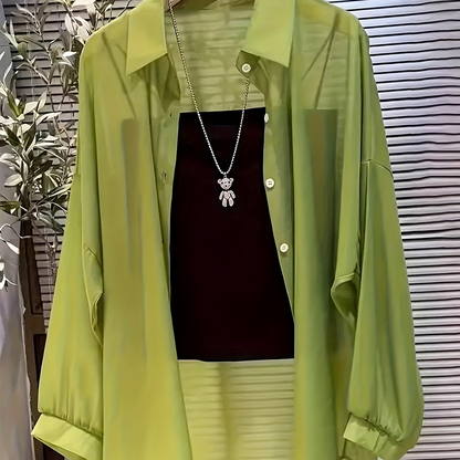Damen Elegantes Zweiteiler-Set mit Transparenter Bluse und Bandeau Top – Modisches Layering für Alltag und Ausgehen