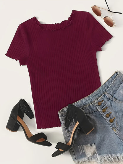 Damen Basic T-Shirt mit kurzen Ärmeln und Rippstruktur – Modisches Alltags-Oberteil mit Wellenkante