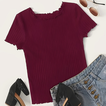 Damen Basic T-Shirt mit kurzen Ärmeln und Rippstruktur – Modisches Alltags-Oberteil mit Wellenkante