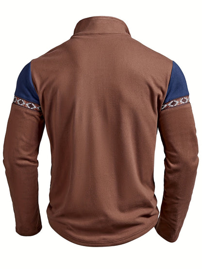 Herren Halb-Reißverschluss Pullover Braun Blau mit Muster