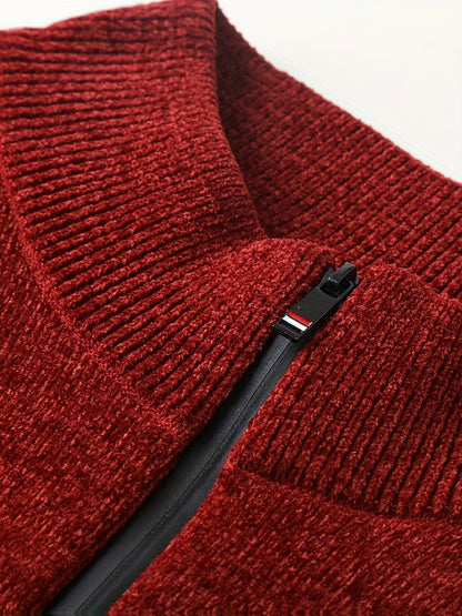 Herren Winter Pullover Half-Zip Stehkragen Gestreift Warm gefüttert