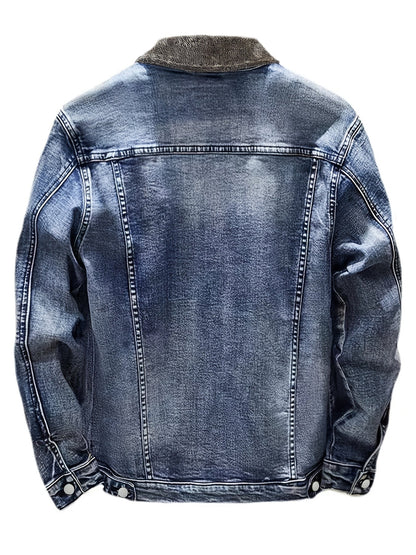 Jeansjacke Herren gefüttert mit Fellkragen Hellblau Winterjacke Baumwoll-Mix