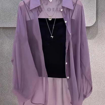 Damen Elegantes Zweiteiler-Set mit Transparenter Bluse und Bandeau Top – Modisches Layering für Alltag und Ausgehen