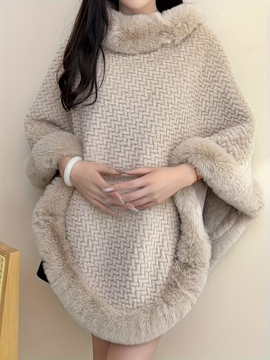 Damen Poncho Kuschelig Weich mit Kunstpelzbesatz Rollkragen