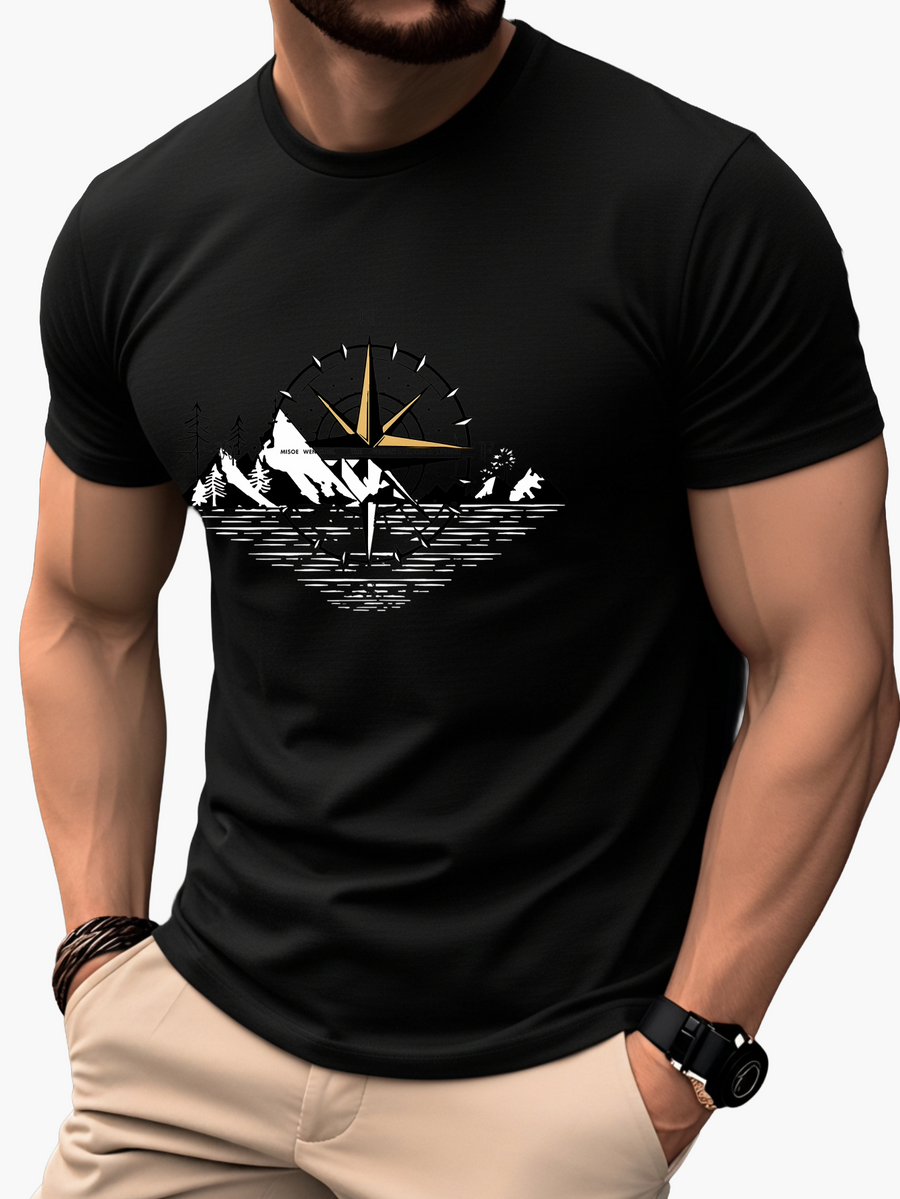 Herren T-Shirt mit Kompass- und Bergmotiv – Outdoor Abenteuer Stil
