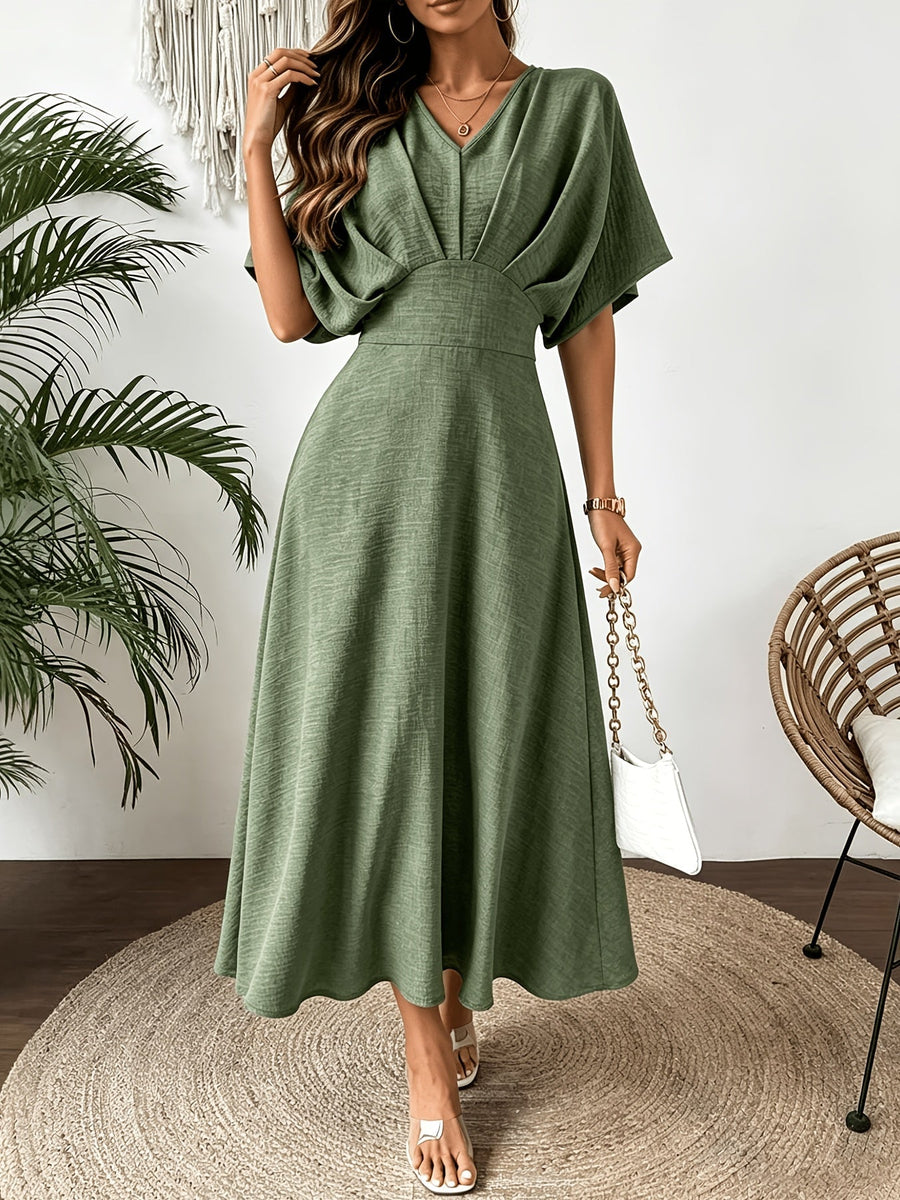 Damen Midi Kleid mit V-Ausschnitt & Fledermausärmeln, Tailliert, Grün