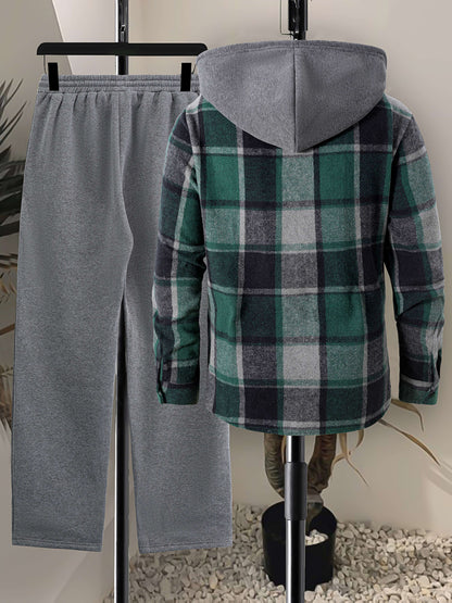 Herren Kariertes Flanell Hemd mit Kapuze & Einfarbige Jogginghose Set Grau