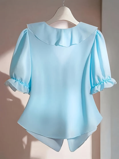 Damen Bluse mit Rüschen und Puffärmeln – Elegante feminine V-Ausschnitt Bluse für Büro und Freizeit