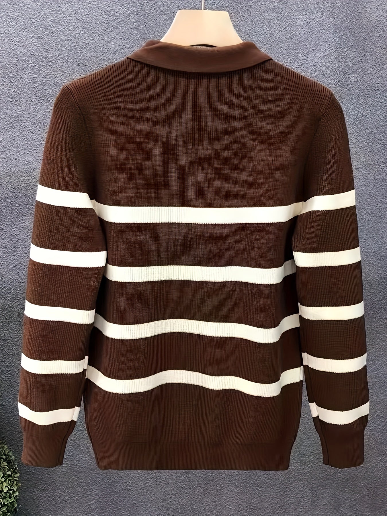 Unisex Langarm-Poloshirt mit Reißverschluss und Streifenmuster