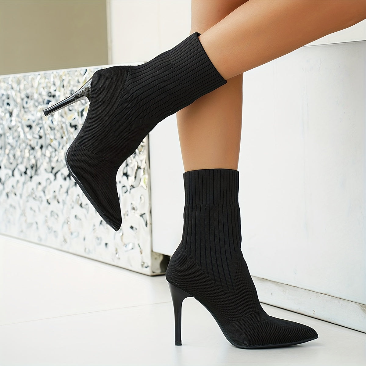Damen Strick Stiefel Braun Stiletto Absatz Spitz Zeh
