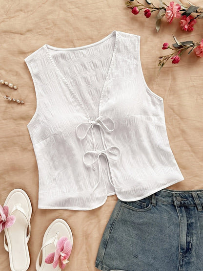 Damen Boho Weste mit Bindeband und Crinkle-Optik – Modisches ärmelloses Top für Freizeit und Urlaub