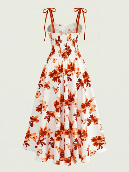 Damen Midikleid mit Blumenmuster und Schleifen-Trägern – Elegantes A-Linienkleid für besondere Anlässe