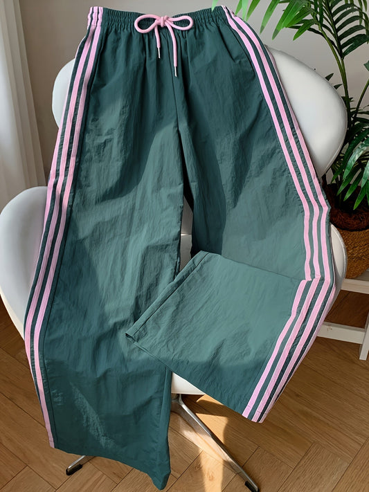 Damen Weitbeinige Sporthose mit Streifen und Kordelzug – Lässige Freizeithose für Alltag & Fitness