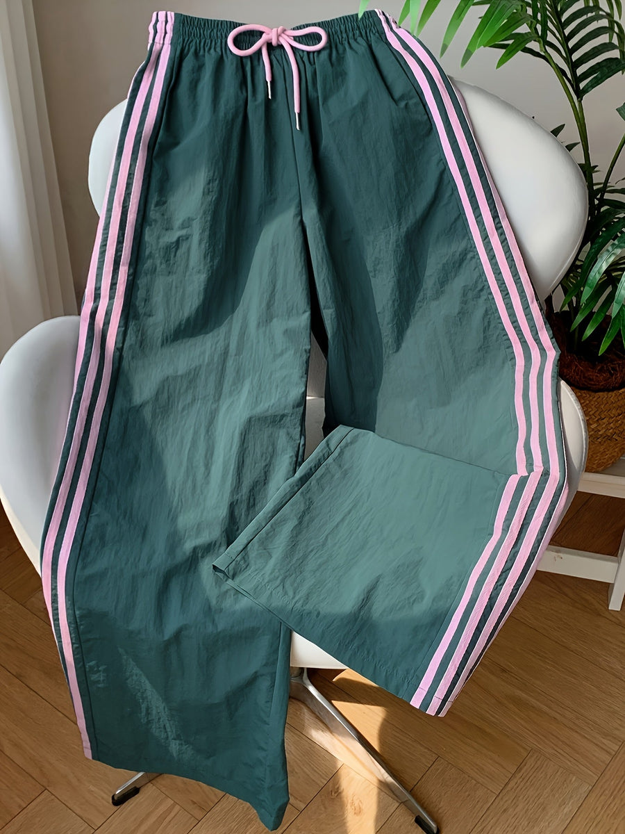Damen Weitbeinige Sporthose mit Streifen und Kordelzug – Lässige Freizeithose für Alltag & Fitness