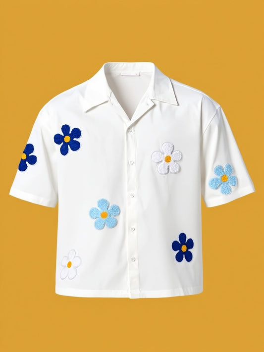 Herren Freizeit-Hemd mit Blumenstickerei und kurzem Ärmel – Modernes, verspieltes Design für Alltag und Ausgehen