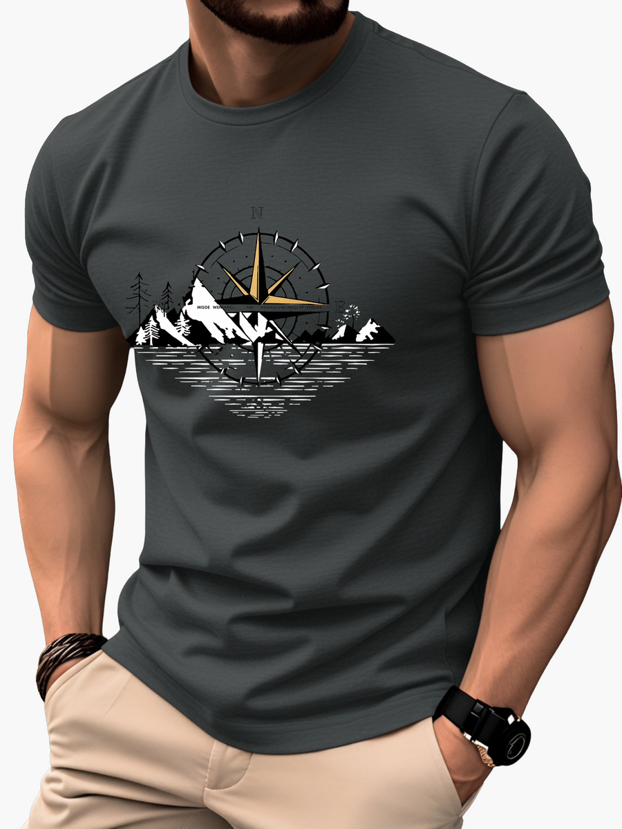 Herren T-Shirt mit Kompass- und Bergmotiv – Outdoor Abenteuer Stil