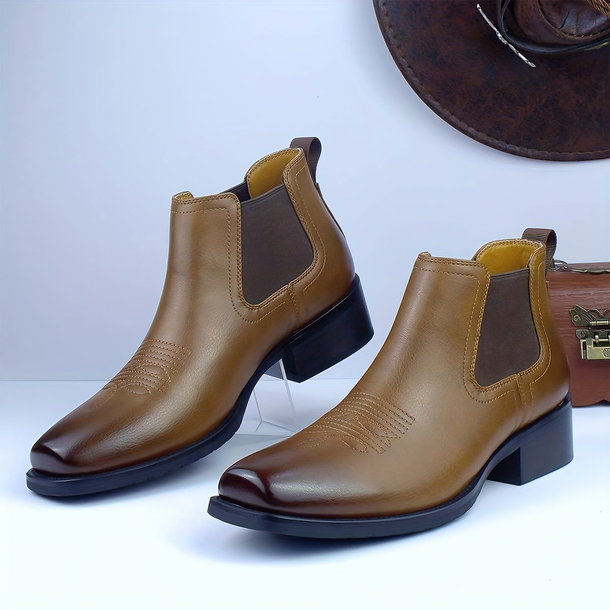 Chelsea Boots mit Western-Stickerei, Blockabsatz und elastischen Einsätzen für Herren