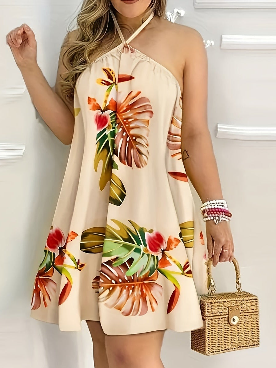 Damen Halterneck Minikleid mit tropischem Print und offenem Rücken – Eleganter Freizeitlook