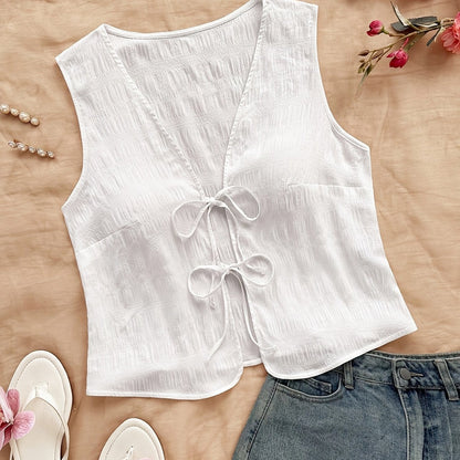 Damen Boho Weste mit Bindeband und Crinkle-Optik – Modisches ärmelloses Top für Freizeit und Urlaub