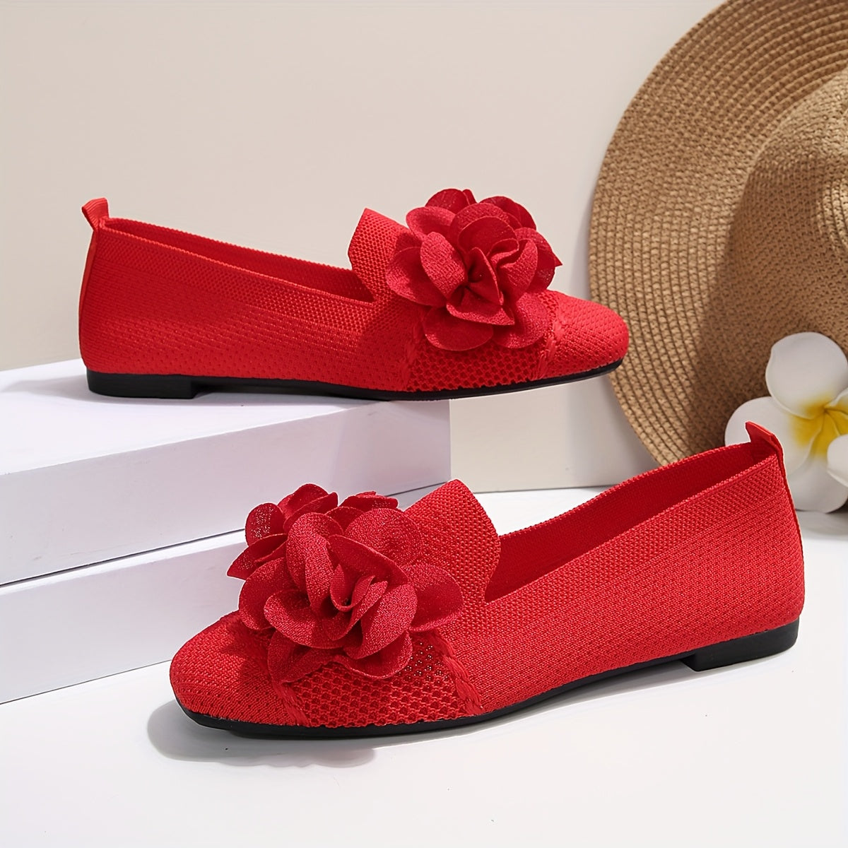 Damen Ballerinas mit Blumendekor und bequemem Schlupf-Design – Modische Freizeitschuhe