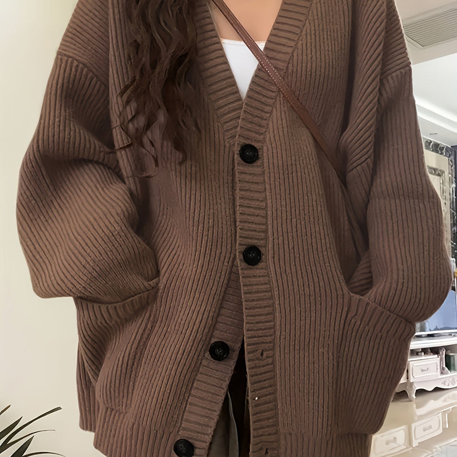 Damen Strickjacke Langarm V-Ausschnitt Knopfleiste Rippstrick Oversize