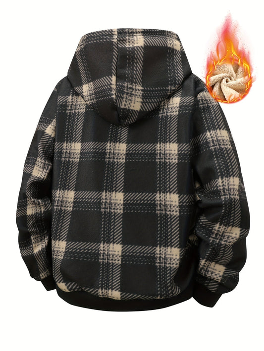 Karierte Kapuzenjacke mit warmem Fleecefutter für Herren, Schwarz-Beige