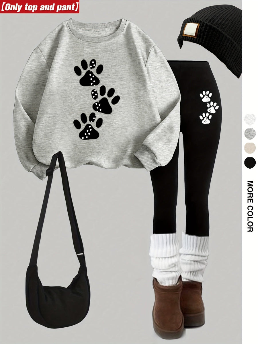 Damen Sweatshirt und Leggings Set mit Pfotenabdruck Print