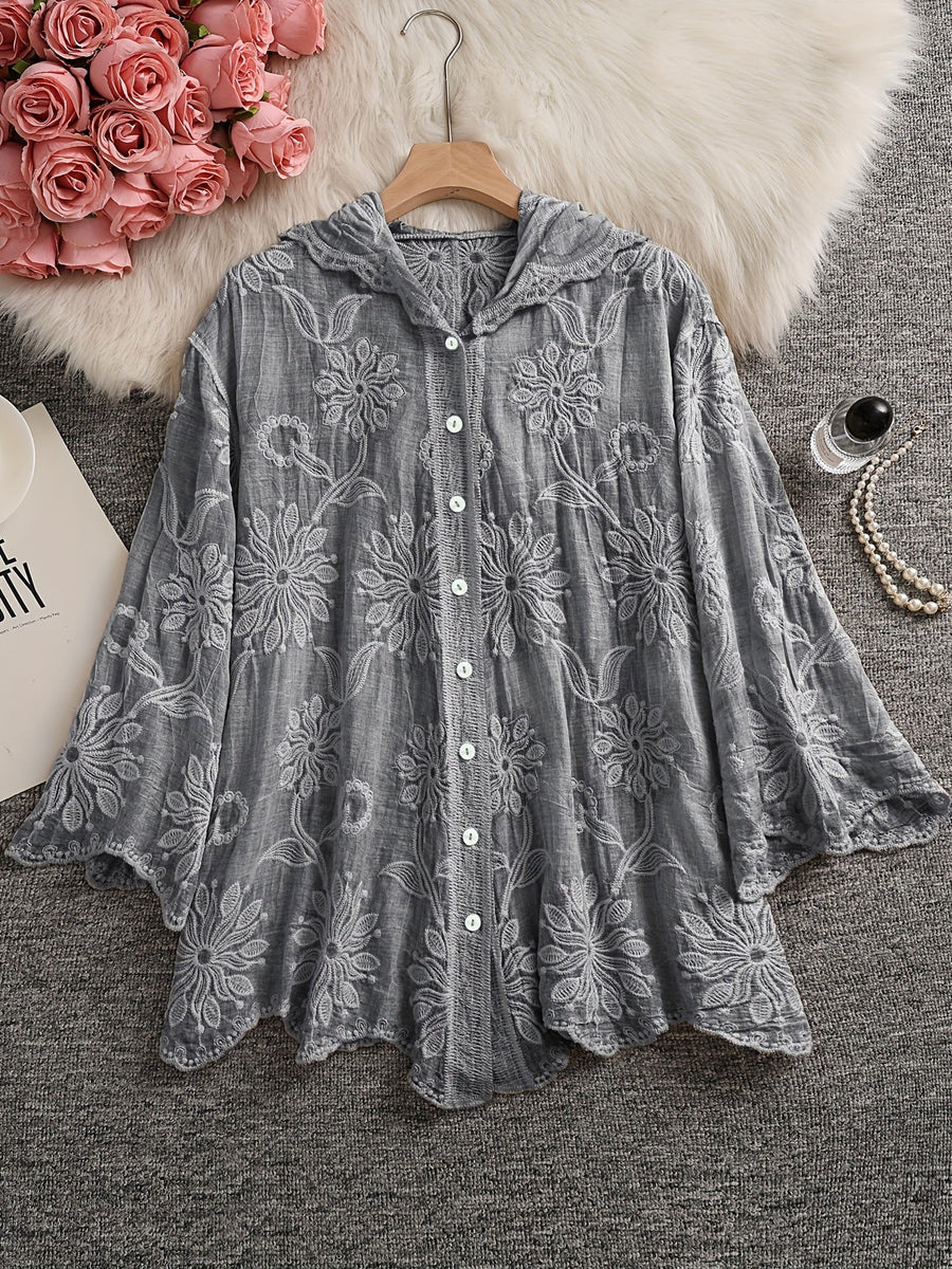 Damen Bestickte Bluse mit Kapuze, Langarm, Floral, Grün