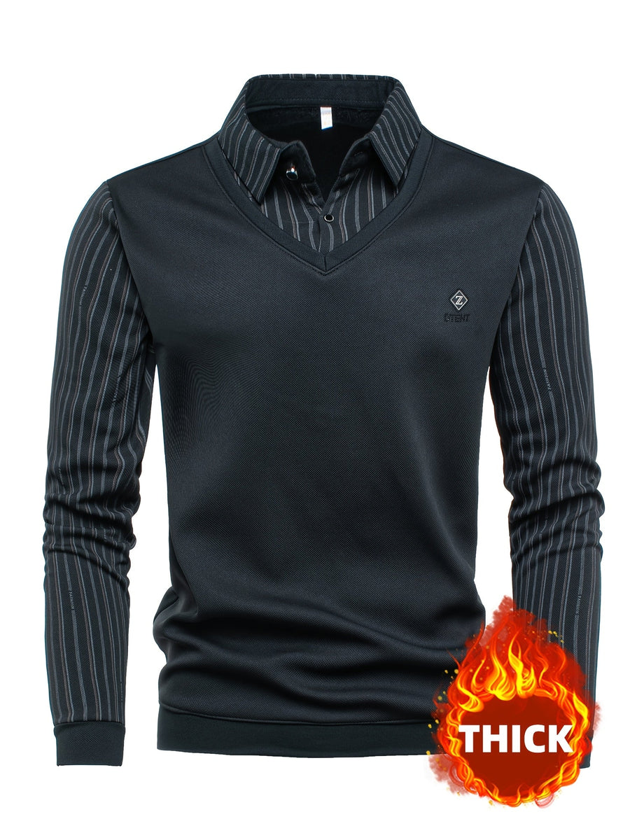 Herren Langarmshirt mit V-Ausschnitt und Hemdkragen, Streifenmuster