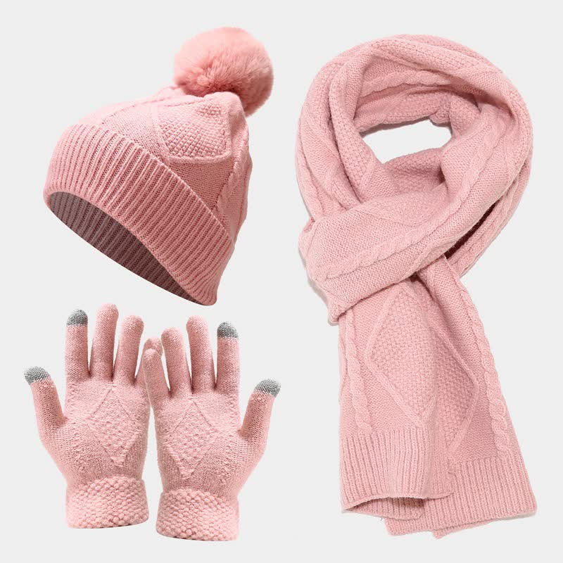 Wintermutsenset met gebreid patroon, pompon, sjaal en touchscreenhandschoenen