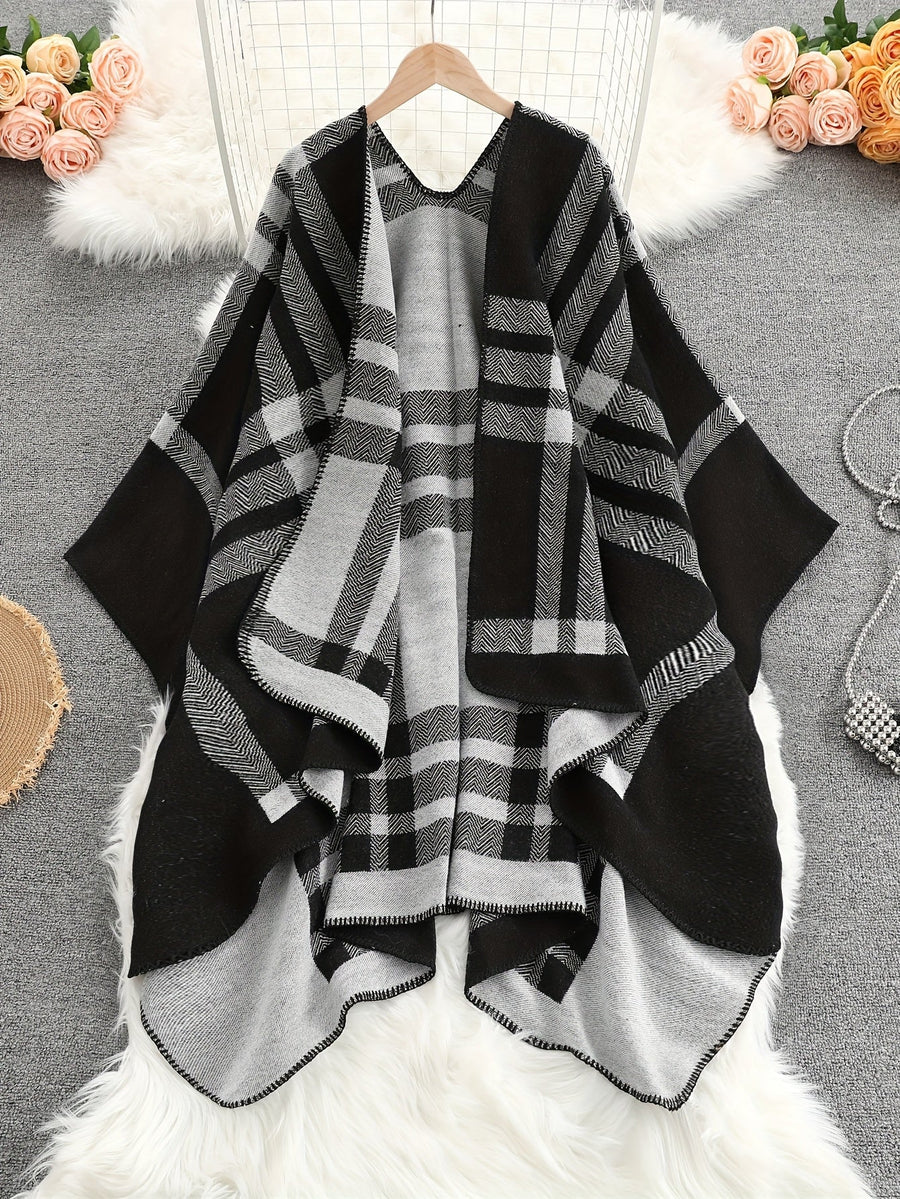 Damen Poncho Cape mit offenem Vorderteil und geometrischem Muster – Boho Stil für Alltag und Freizeit